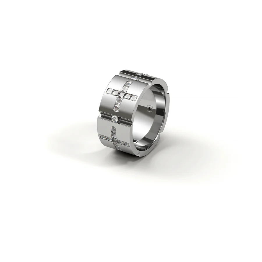 Wide rind with diamond cross in white gold hover image