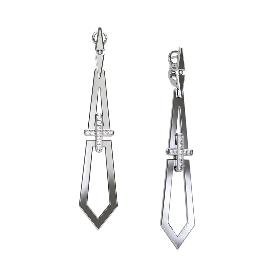 Long earrings with diamond crosses in white gold