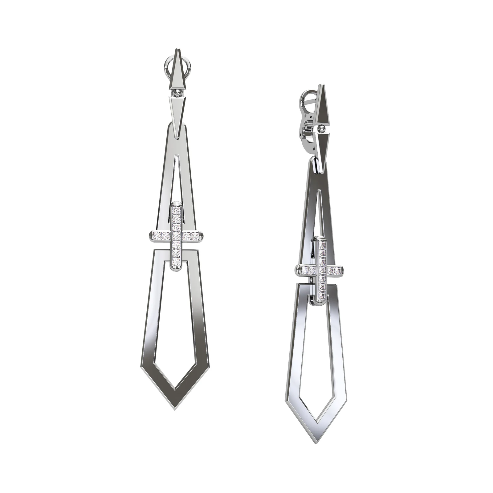 Long earrings with diamond crosses in white gold image 1