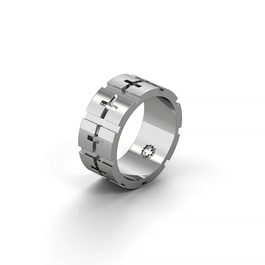 Wide ring in white gold with inverse cross hover image