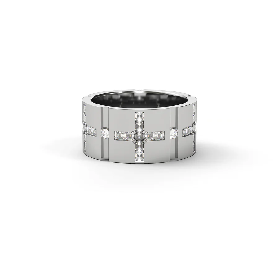 Wide rind with diamond cross in white gold