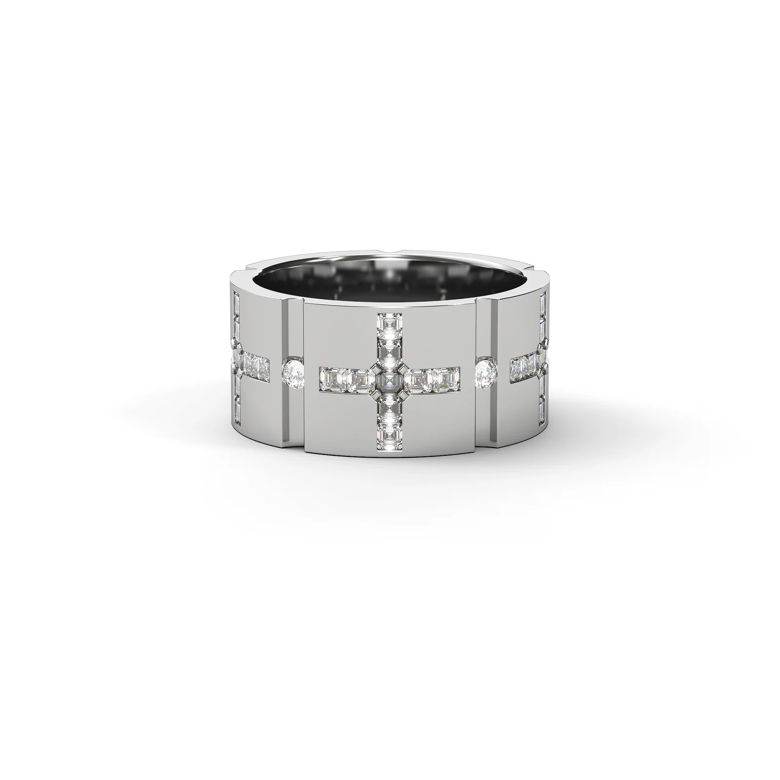 Wide rind with diamond cross in white gold image 1