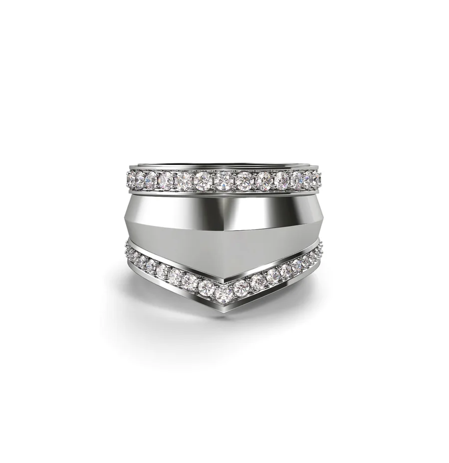 Geometrical ring in white gold with diamonds hover image